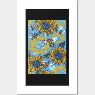 Sunflowers and Busy Bees Linoprint pattern Posters and Art